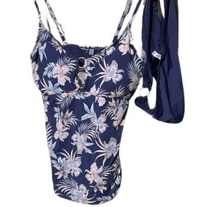 Ambrielle Swim Set Bottoms Top Womens Sz Large Set Navy Blue Gold Tank Floral